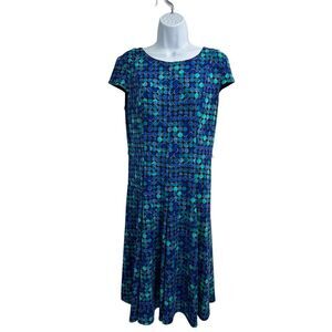 Jessica Howard Jersey‎ Dress Size 12 Blue/Green Polka Dot Cap Sleeves